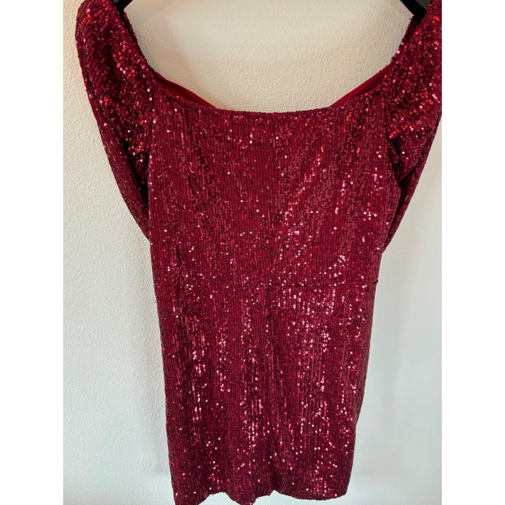GIBIU USA Red Sequin Mini Dress V-Neck Long Puff Sleeve Party Holiday Sparkle
